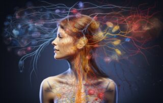 Conexión mente-cuerpo: red neuronal que recorre la cabeza y el cuerpo de una mujer