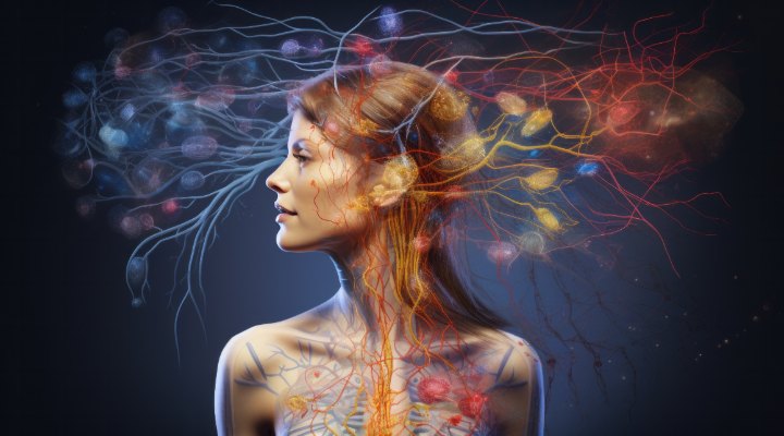 Conexi&oacute;n mente-cuerpo: red neuronal que recorre la cabeza y el cuerpo de una mujer